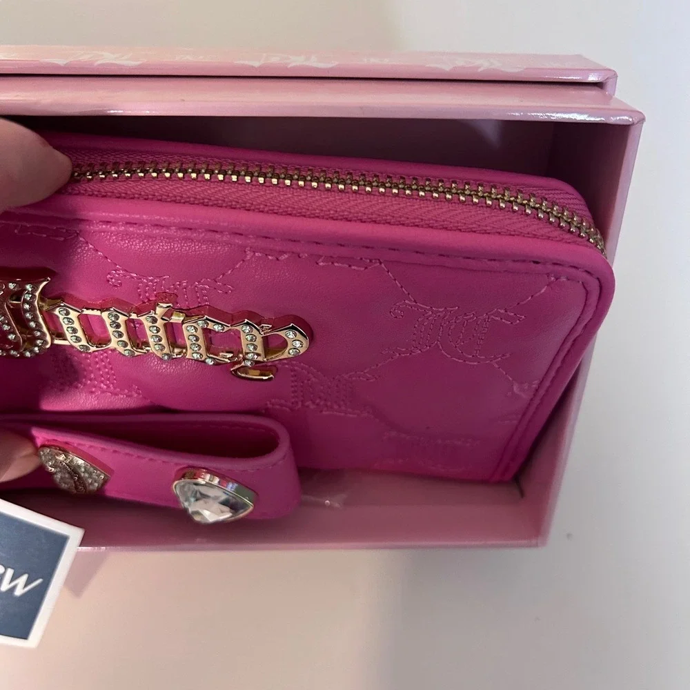 Juicy Couture Pink Quilted Zip Around Wallet Clutch Rhinestone‎ Heart Detail